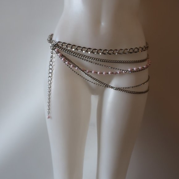 Shag Boutique Silver Multi Chain & Pink Faux Pearls Hip Chain Belt* - Picture 5 of 9